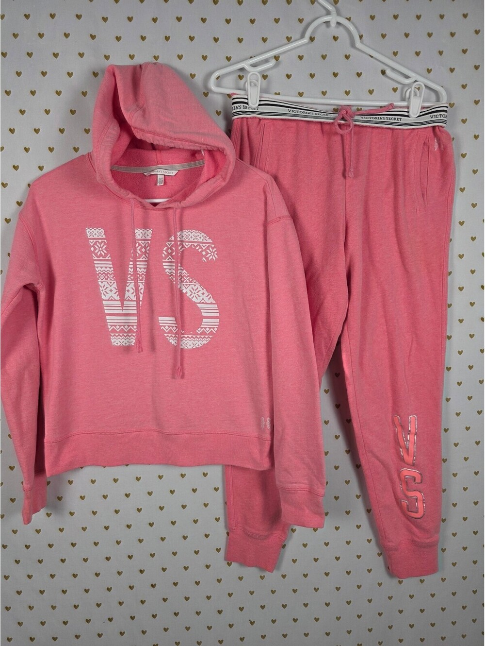 Victorias Secret Pink ANGELS VS logo Hoodie Sweats SET Outfit 2pc SMALL